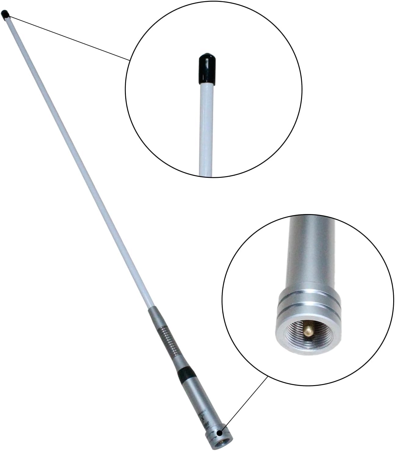 HH-509F Fiberglass Dual-Band Mobile Antenna: 144/430MHz, 5.0/7.6dBi gain, easy installation for ham radio and mobile applications.