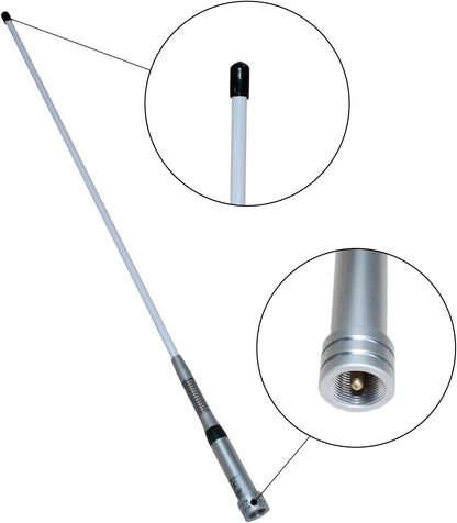 HH-509F Fiberglass Dual-Band Mobile Antenna: 144/430MHz, 5.0/7.6dBi gain, easy installation for ham radio and mobile applications.