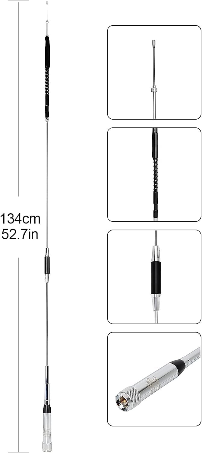 HH-9000 Base Mobile Radio Dual Band Vehicle Antenna: Stainless steel whip with low VSWR, ideal for YAESU, TYT, and QYT models. Includes clip, 15m cable, and base for easy setup.