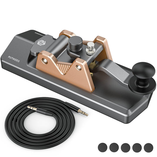 CW Keyer Automatic Morse Key-Straight, equipped with customizable feedback and an adjustable spindle rod. Built tough with silicone foot pads for stability, crafted from resilient 6061T6 aluminum alloy. Features NMB Japan bearings and 304 stainless steel screws for durability.