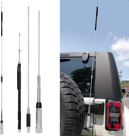 HH-9000 Base Mobile Radio Dual Band Vehicle Antenna: Stainless steel whip with low VSWR, ideal for YAESU, TYT, and QYT models. Includes clip, 15m cable, and base for easy setup.