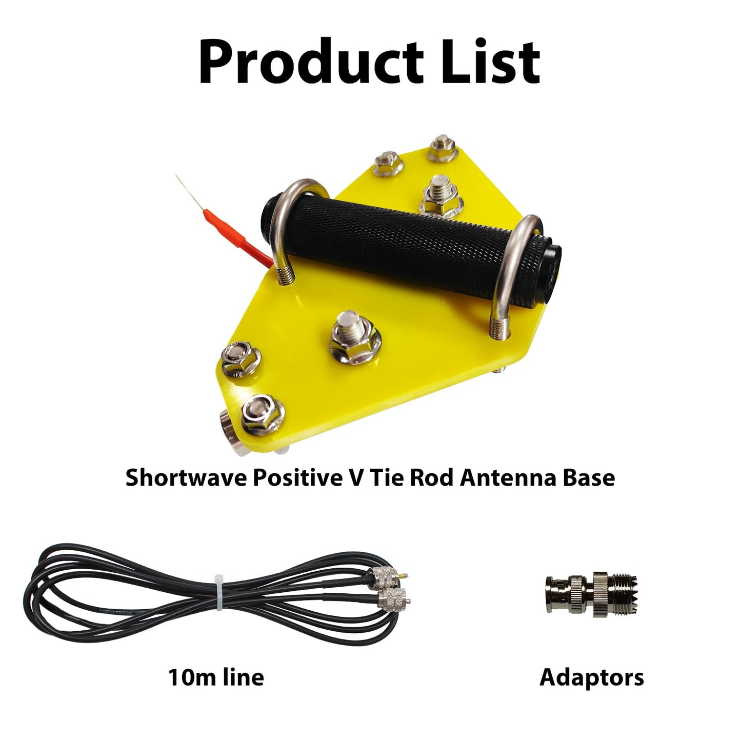 Compact V telescopic antenna base with M connector (S0-239) for direct feeder. Features CNC-cut 5mm epoxy board, M female connector, M10 port. Adjusts for 14-54MHz, 200W. Includes 304 stainless steel fasteners, aluminum alloy rod with knurled finish.