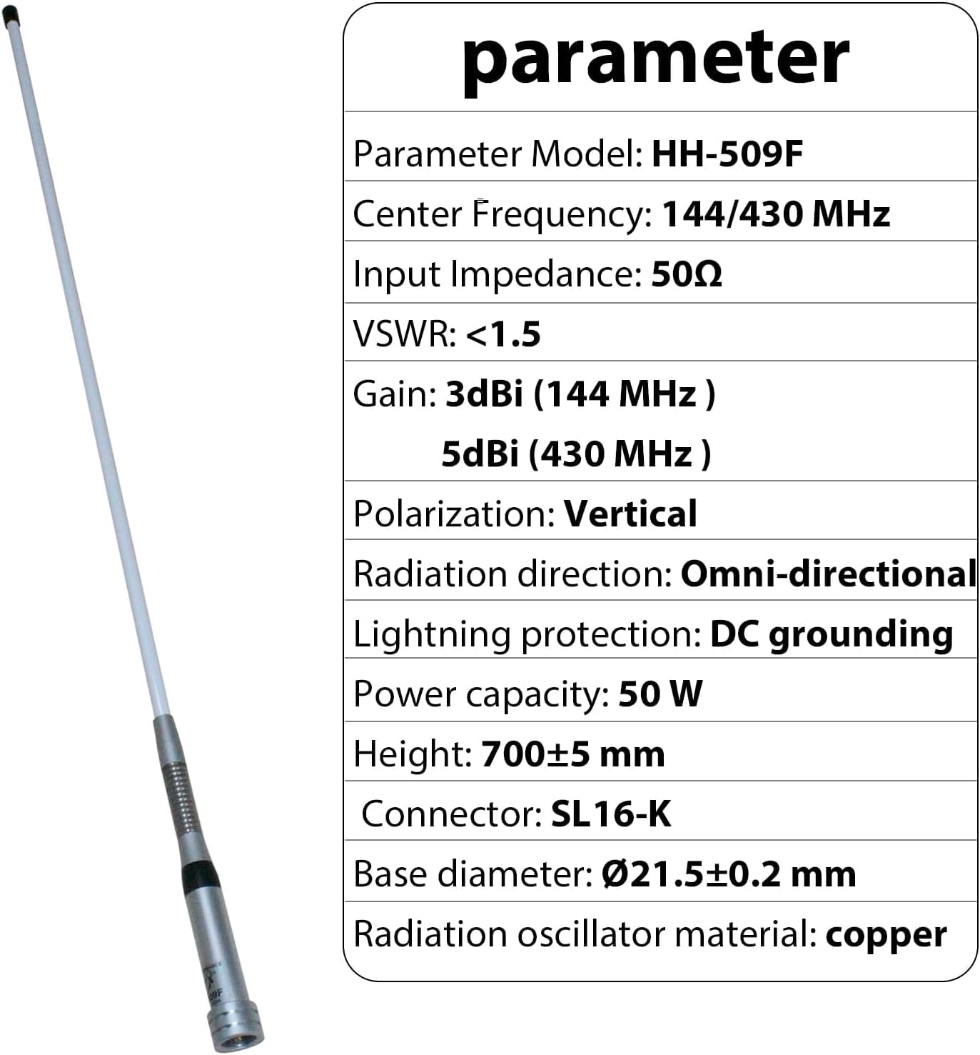 HH-509F Fiberglass Dual-Band Mobile Antenna: 144/430MHz, 5.0/7.6dBi gain, easy installation for ham radio and mobile applications.