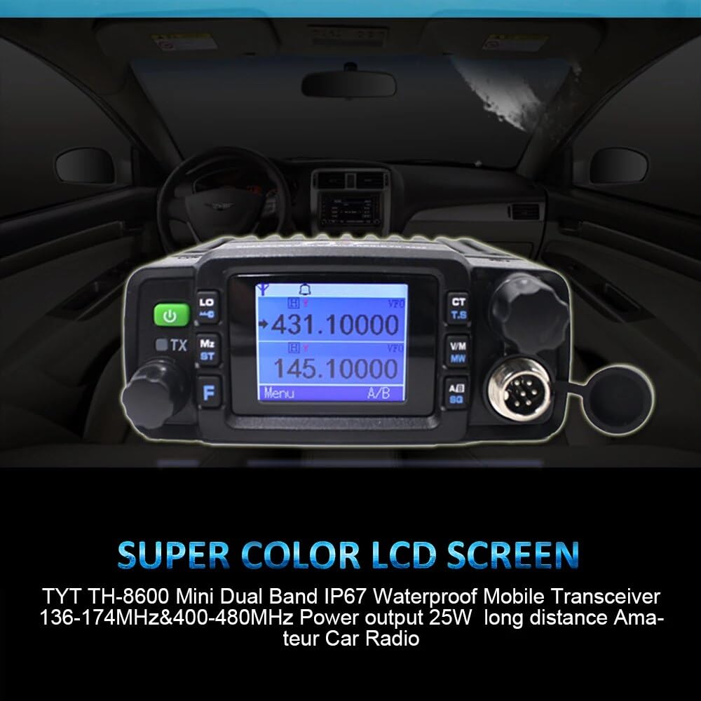 Car Radios Transceiver: TH-8600 Mobile Transceiver, 25W/20W power, VHF (144-148MHz/2m) and UHF (420-450MHz/70cm) frequencies. Compact, IP67 waterproof, with CTCSS/DSC, DTMF, and 200 memory channels. USB charging and ideal for multi-directional signal transmission.