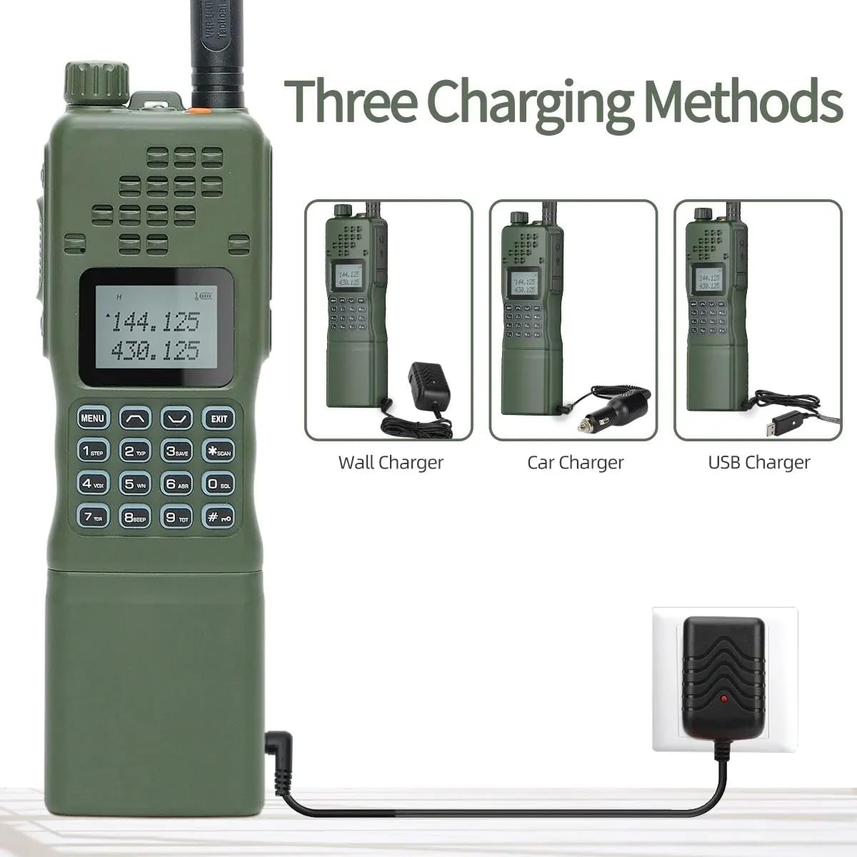 Professional two way radio: 15W power, VHF/UHF frequencies, 128 channels, LCD display, K-port, SMA-Female compatibility, versatile charging options, advanced features for secure communication. Ideal for reliable long-range communication in any environment.