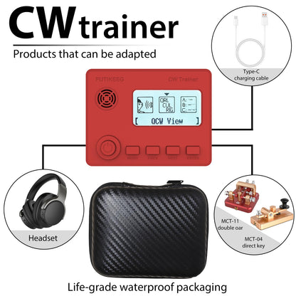 This red mini CW trainer with display has a built-in translation function that converts Morse code to text in real time, simplifying the learning process. Offers a variety of practice modes from basic to advanced to meet different stages of learning needs. Made of high quality materials to ensure durability and reliability. Equipped with an adjustable sound switch that allows you to turn the sound on or off as needed, making it easy to use in different environments. 