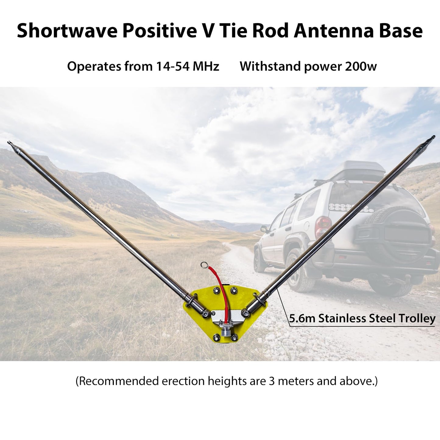 Compact V telescopic antenna base with M connector (S0-239) for direct feeder. Features CNC-cut 5mm epoxy board, M female connector, M10 port. Adjusts for 14-54MHz, 200W. Includes 304 stainless steel fasteners, aluminum alloy rod with knurled finish.