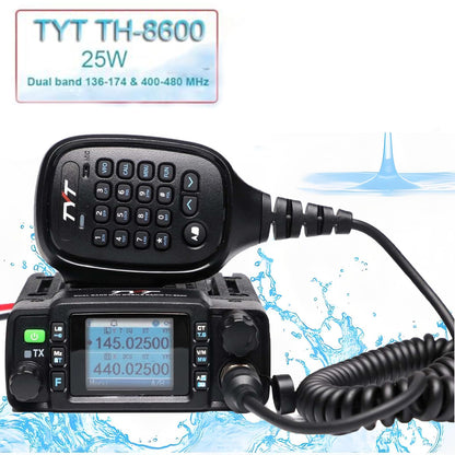 Car Radios Transceiver: TH-8600 Mobile Transceiver, 25W/20W power, VHF (144-148MHz/2m) and UHF (420-450MHz/70cm) frequencies. Compact, IP67 waterproof, with CTCSS/DSC, DTMF, and 200 memory channels. USB charging and ideal for multi-directional signal transmission.