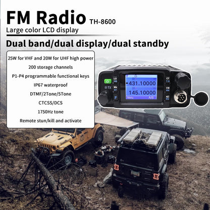 Car Radios Transceiver: TH-8600 Mobile Transceiver, 25W/20W power, VHF (144-148MHz/2m) and UHF (420-450MHz/70cm) frequencies. Compact, IP67 waterproof, with CTCSS/DSC, DTMF, and 200 memory channels. USB charging and ideal for multi-directional signal transmission.